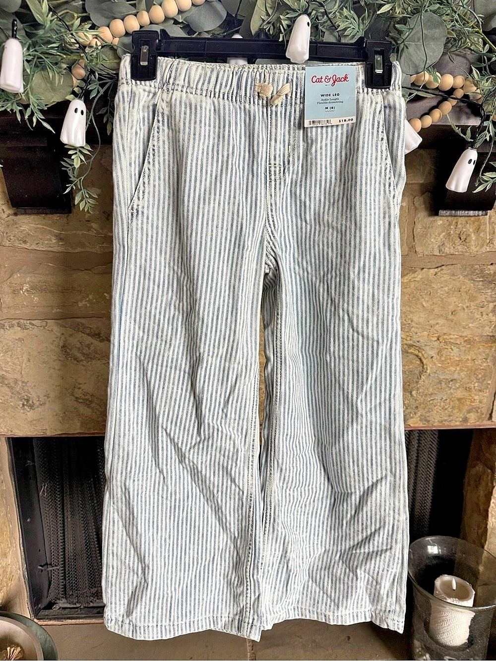 Cat & Jack Wide Leg Ankle Length Flexible Drawstring Pants Blue & White Medium (